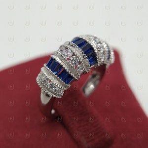 Antique Art Deco Wedding Band, Vintage Diamond & Sapphire Band, 925 Sterling Silver Diamond Ring, Stacking Band, Art Deco Ring For Womens