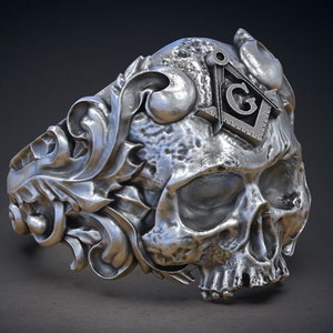 Gothic Skull Biker Men&#39;s Masonic Ring Free Masons Classic Masonic Skull Men&#39;s Biker Ring In 925 Sterling Silver