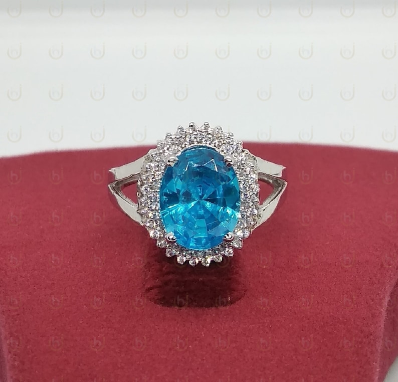 Cluster Ring 4.70 Carat Oval Cut Aquamarine Art Deco Engagement Ring In 925 Sterling Silver