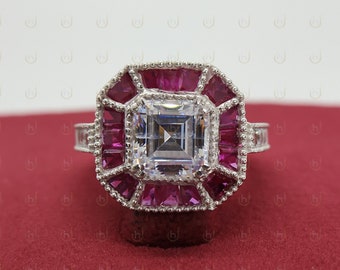 2.00 Ct Asscher Diamond & Ruby Vintage Style Ring, Diamond and Ruby Engagement Ring, Art Deco, Vintage, Antique Style Sterling Silver Ring