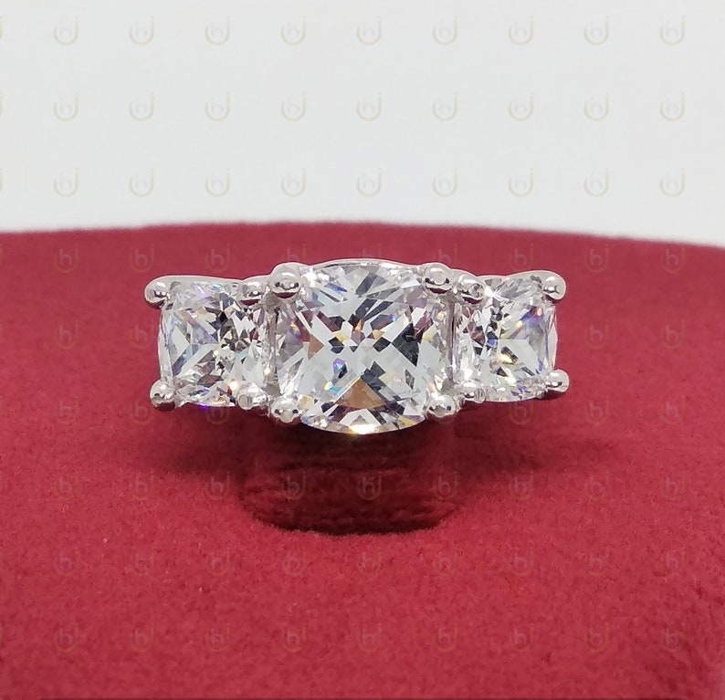 Wedding Ring For Womens 4.29 Ct Cushion Cut Diamond Simulants Engagement Ring 925 Sterling Silver Anniversary Ring Three Stone Ring