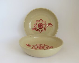 1980 Handmade Terra Cotta Radial Glaze Design J White Red Clay Mandala Large Serving Plate 1980s