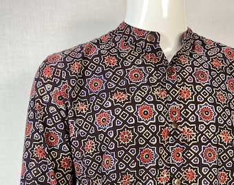 Organic Hand Printed Collarless Shirt with Natural Dyes Pure Organic Cotton Islamic Geometry Ajrakh