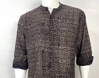 Organic Hand Printed Collarless Shirt with Natural Iron Dye Pure Organic Cotton Islamic Geometry Ajrakh Black Shirt