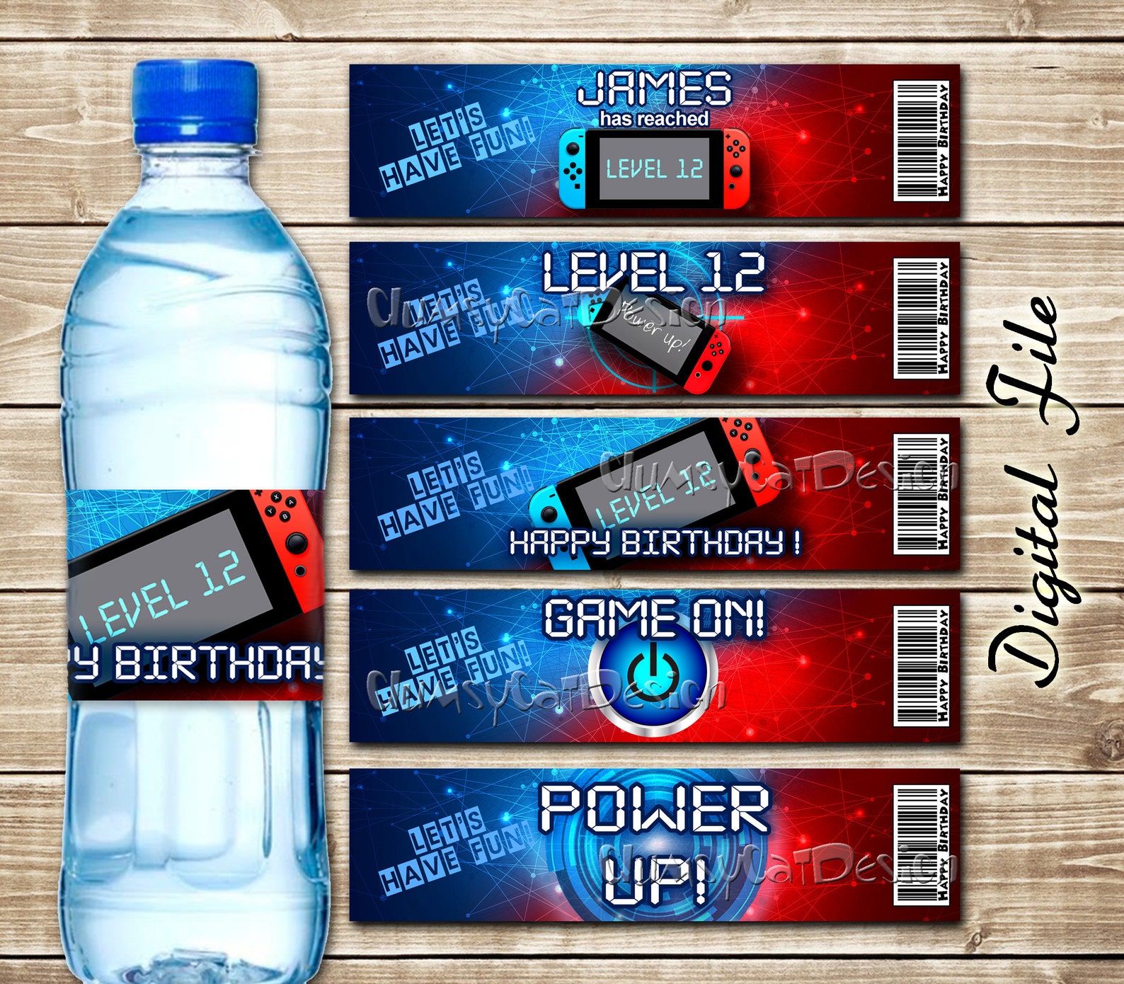 Video game labels Switch water bottle Blue Red game labels Etsy