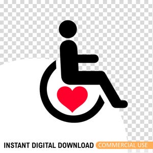 May include: A black and red wheelchair icon with a heart in the center of the wheel. The icon depicts a person sitting in the wheelchair. The words "INSTANT DIGITAL DOWNLOAD" are at the bottom.