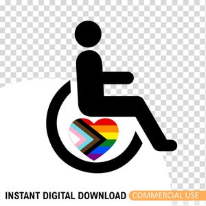 May include: Black wheelchair user icon with a rainbow heart, representing inclusivity and diversity. The image includes the text "INSTANT DIGITAL DOWNLOAD COMMERCIAL USE".