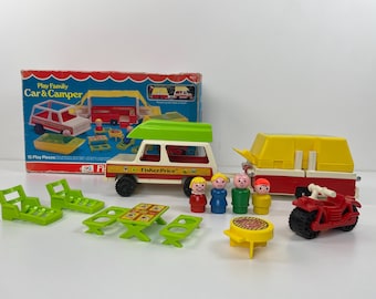 Vintage Fisher Price Play Family Car and Pop-Up Camper # 992 with box, Made in U.S.A., Complete, In Very Good Condition