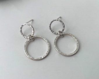 Line Textured Silver Double Hoop Earrings