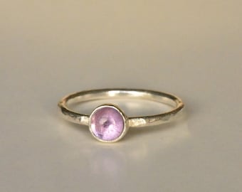 Dimple Textured Silver Stacking Ring with Amethyst Gemstone
