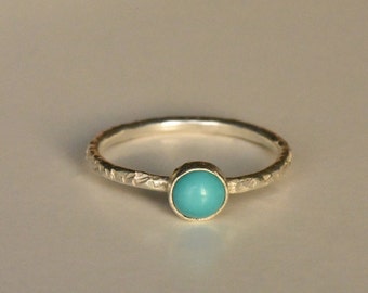 Chequer Textured Silver Stacking Ring with Turquoise Gemstone