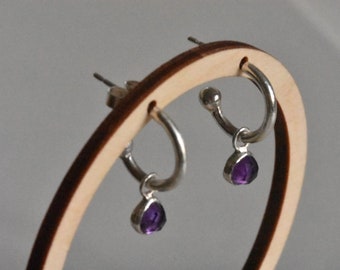 Silver Hoop Earrings with Rose cut Amethyst Gemstones