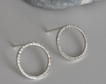 Silver Circle Studs with a Line Texture