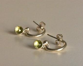 Silver Hoop Earrings with Rose cut Peridot Gemstones