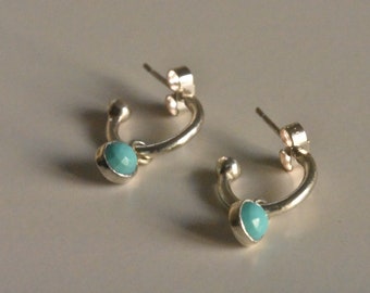 Silver Hoop Earrings with Rose cut Turquoise Gemstones