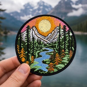 Reisepatch, Camping, Lager, Outdoor, Reisen, Berg, Kiefer, Mond, Lagerleben, Nationalpark, Bügelaufnäher, gestickter entdecker-Patch - P001
