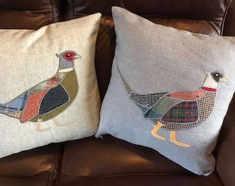 Pheasant Cushion, Tweed Applique Cushion, Countryside Cushion