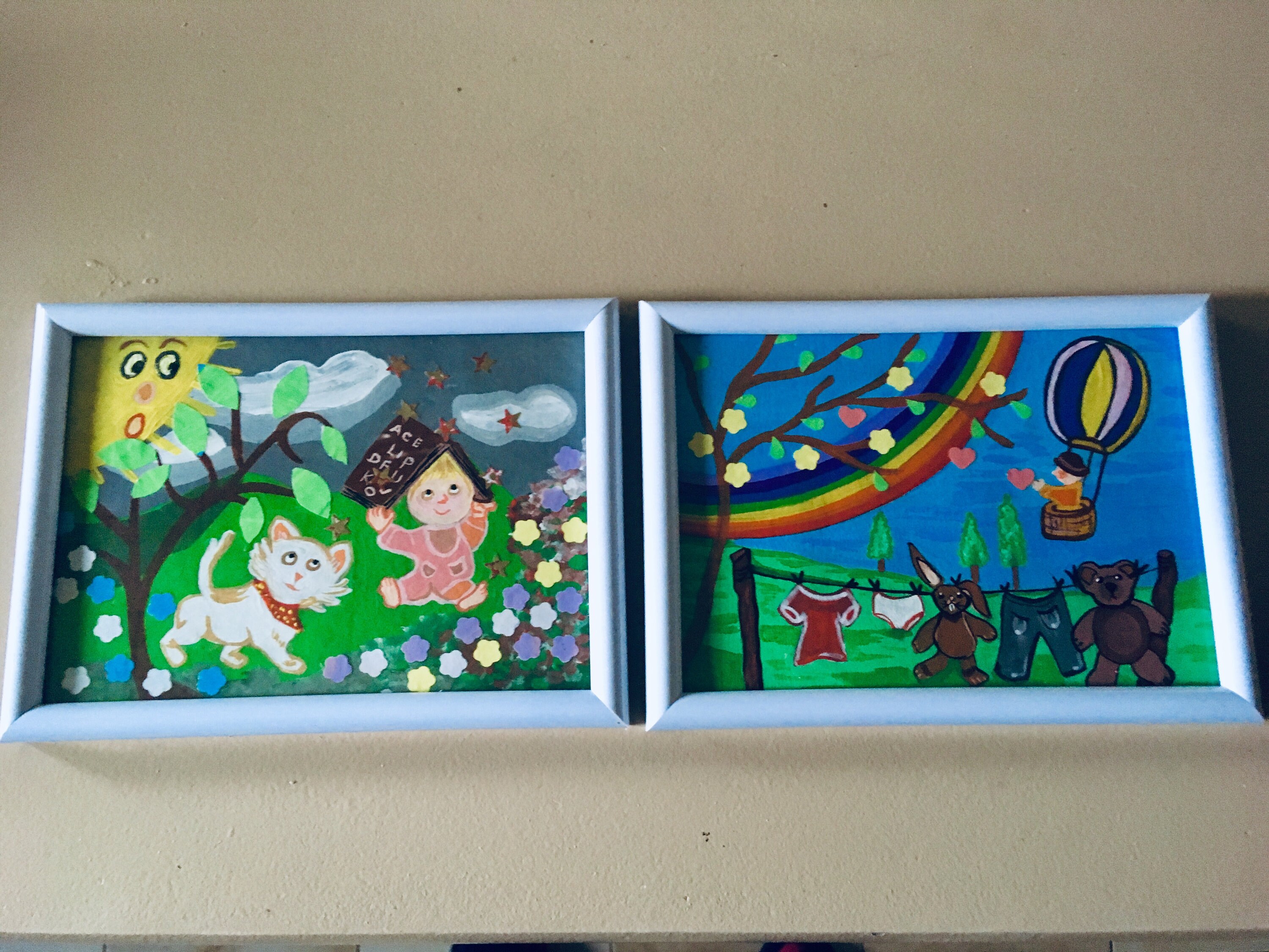 Tableaux Pour Chambre de Bébé, 14 cm Par 18 cm, Cadres Vitrés, Peinture Acrylique et Collages, Fait 