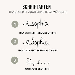 May include: A font selection chart featuring the heading SCHRIFTARTEN and the text HANDSCHRIFT AUCH OHNE HERZ M&Ouml;GLICH!. Three numbered options display the name Sophia in different styles: 1. HANDSCHRIFT DRUCKSCHRIFT, 2. HANDSCHRIFT SCHREIBSCHRIFT, and 3. COMPUTERSCHRIFT.