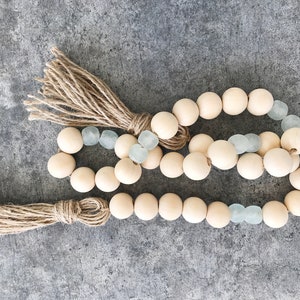 Wood Bead Garland with Recycled Aqua Glass & Jute Tassels | Coastal Home Decor