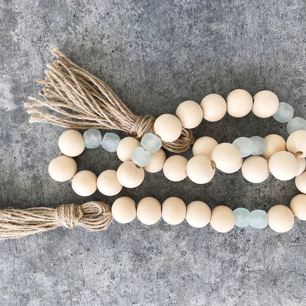 Recycled glass and wood bead garland/boho coastal farmhouse decorr/neutral home accent/rustic table tray beads