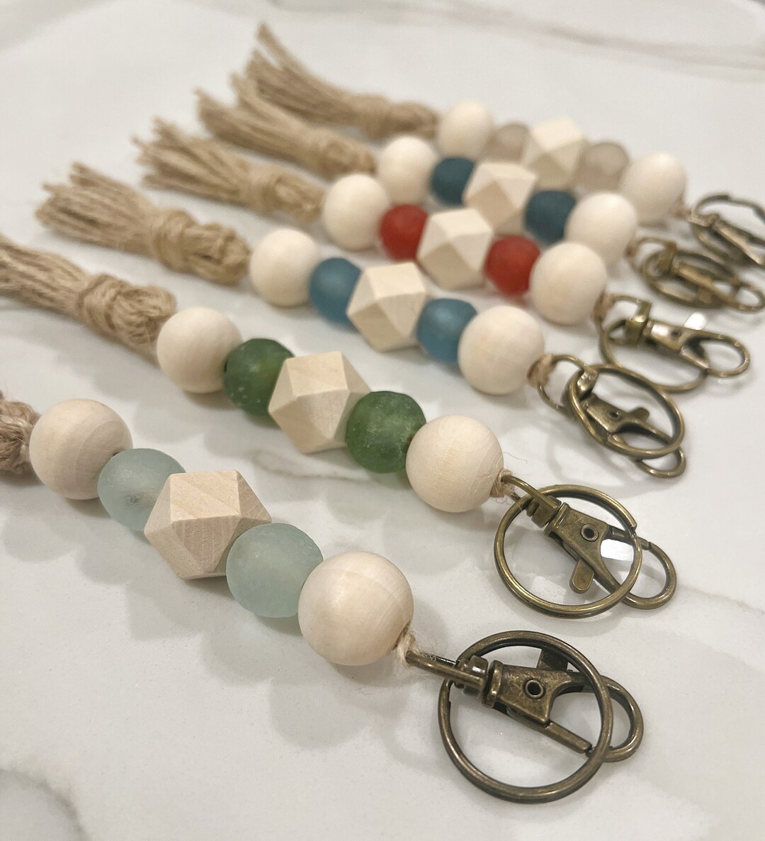 Beaded Keychain With Jute Tassel: Wood & Recycled Glass Beads - Etsy