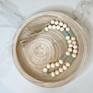 Wood Bead Garland: Aqua Recycled Glass Beads, Jute Tassels