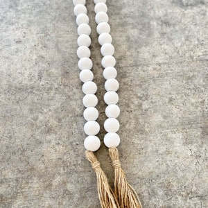 White wood bead garland/farmhouse beads/white beads with tassels