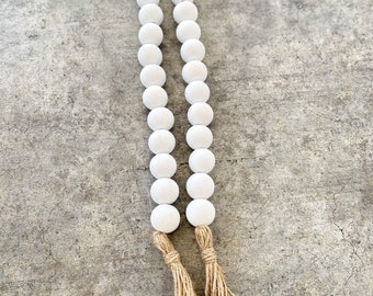White Wood Bead Garland: Farmhouse Style with Jute Tassels