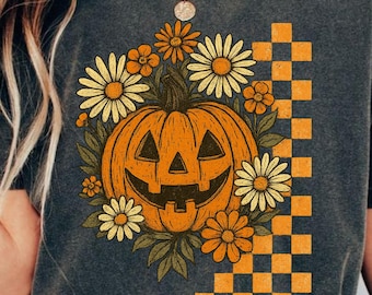 Citrouille florale rétro Png, Citrouille drôle d'Halloween Png, Png Halloween grunge, citrouille d'Halloween bohème, saison fantasmagorique, motif à carreaux