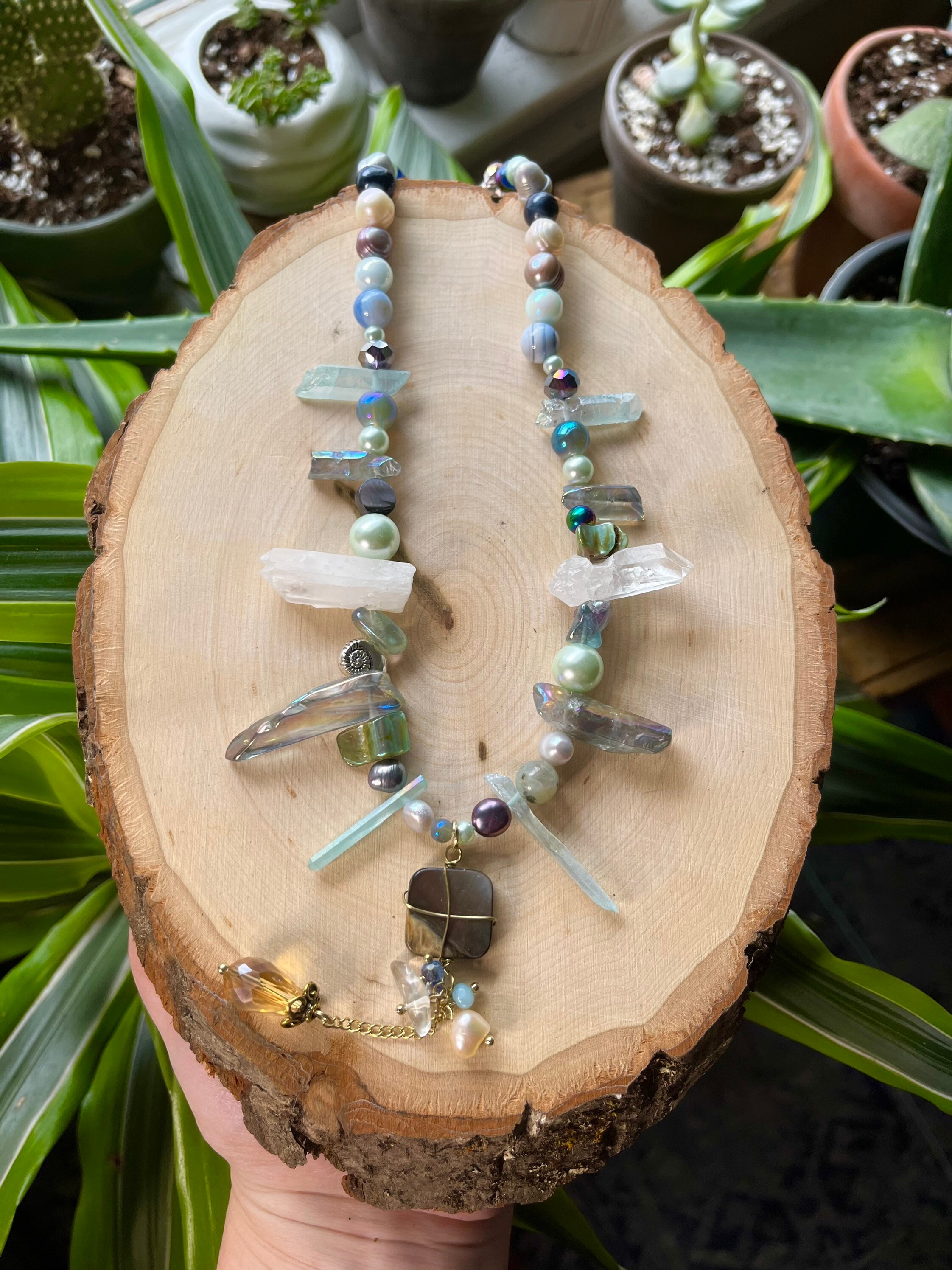 Full of Abalone Aqua Aura Crystal Beaded Necklace