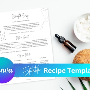 Könnte beinhalten: Eine druckbare Rezeptvorlage für die Herstellung von Diffuser-Mischungen. Die Vorlage hat einen weißen Hintergrund mit schwarzem Text und einem blau-violetten Canva-Logo. Der Text enthält "Breathe Easy", "Ditch & Switch", "Diffuser Blends", "Spring Flowers", "Air Purify" und "Earthy Aroma".