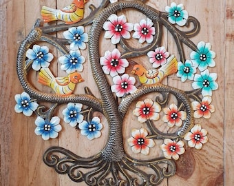 Árbol de la vida pintado, Arte de Haití, Pared interior y exterior, Obra de arte Boho, Decoración de hierro contemporáneo, Escultura de metal de calidad
