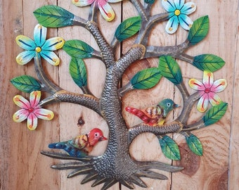 Árbol de la vida pintado, Arte de Haití, Pared interior y exterior, Obra de arte Boho, Decoración de hierro contemporáneo, Escultura de metal de calidad