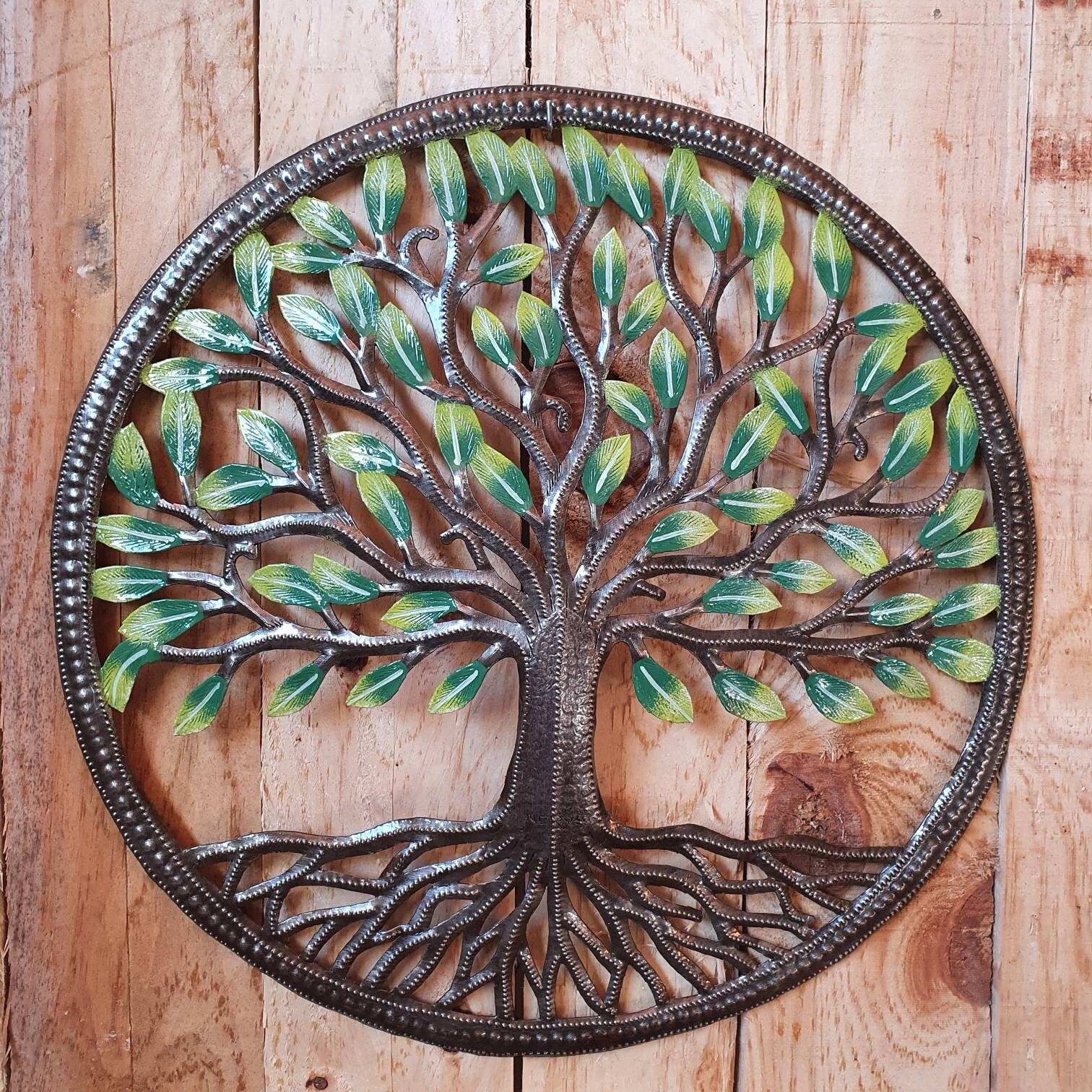 Árbol de la vida pintado, Arte de Haití, Pared interior y exterior, Obra de arte Boho, Decoración de hierro contemporáneo, Escultura de metal de calidad