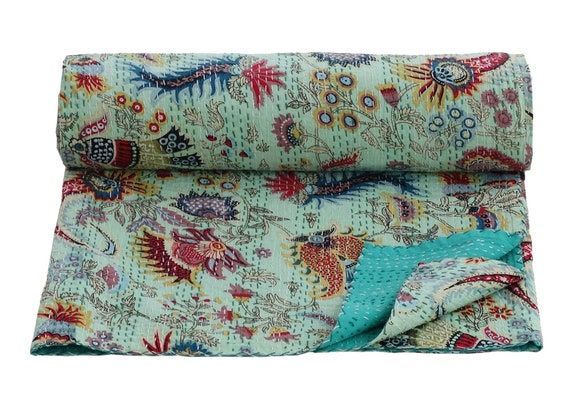 King Size Turquoise Handmade Crown Design Kantha Quilt Etsy