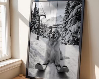 Funny Golden Retriever Ski Poster: Retro Skiing Lodge Decor (Wall Art Digital Download)