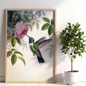 Scandinavian Hummingbird Wall Art, Printable Folk Art, Botanical Bird Print, Boho Farmhouse Decor, Nursery Decor Gallery, Digital Download