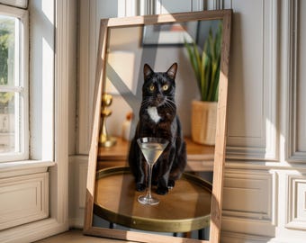 Impression d'art martini chat noir : décoration de bar à cocktails fantaisiste (téléchargement numérique)