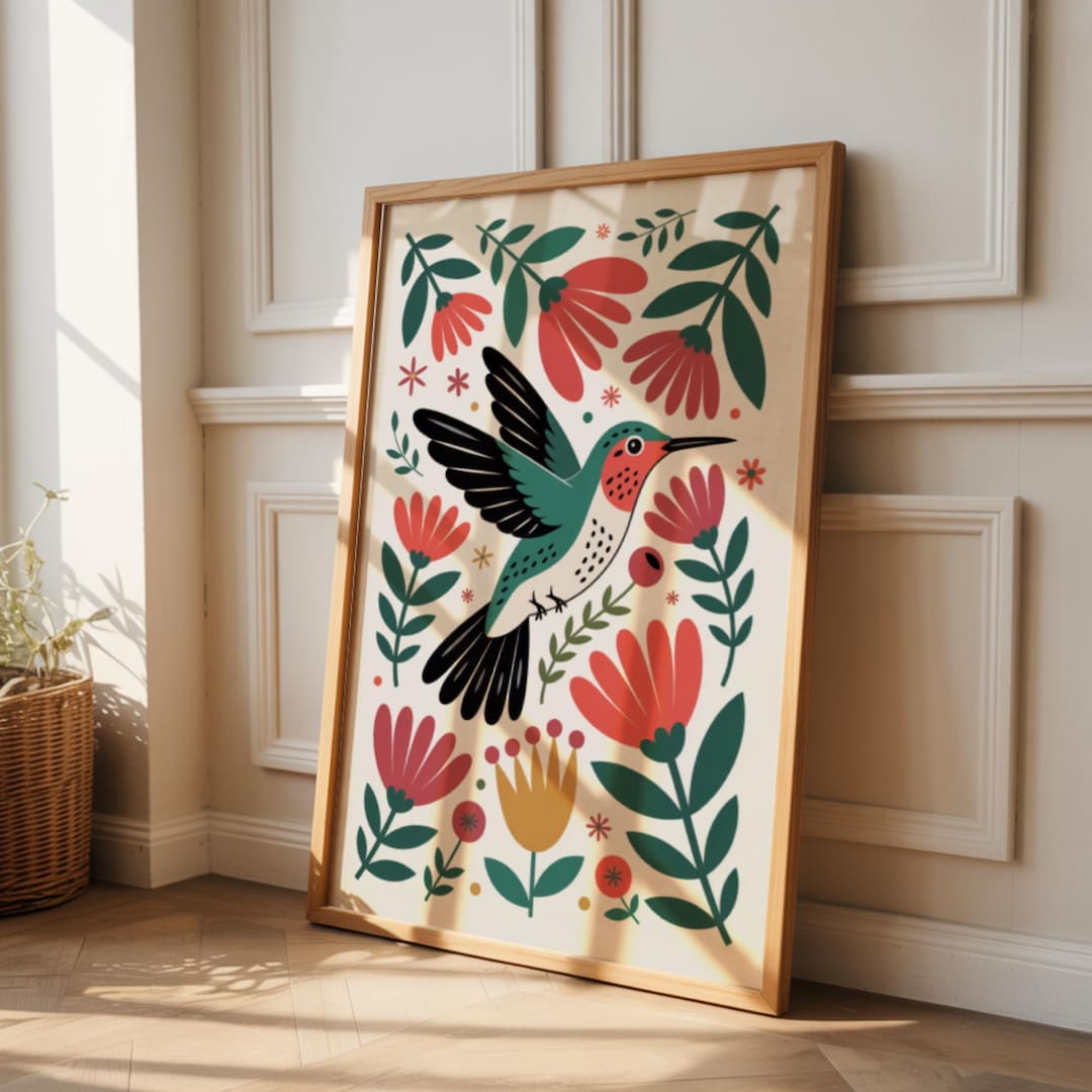 Retro Hummingbird Print: Boho Terracotta Sun, Botanical Folk Wall Art ...