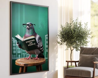 Funny Pigeon Reading Print: Humorous Bathroom Wall Art Poster (Digital Download)