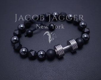 Matte Onyx & Hematite Dumbbell Bracelet for Gym (Men / Women). Adjustable Made w/ Natural 8mm Stones and Silver Stainless Steel Charms.