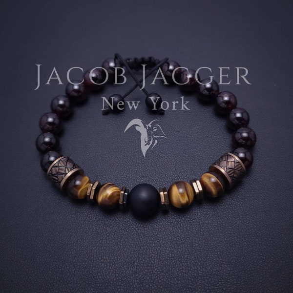 Deep Red Garnet & Tigers Eye Bracelet for Men / Women. Adjustable, Modern Tribal Style w/ 8mm Beads and Rose Gold Stainless Steel Charms.