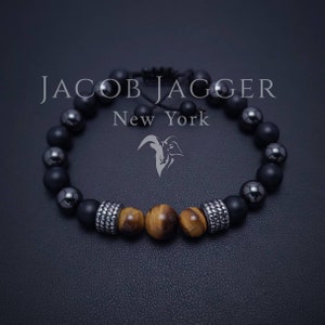 Pulseira minimalista de hematita, ônix e olho de tigre para homens/mulheres. Comprimento ajustável com contas de pedra de 8 mm e pingentes de aço inoxidável prateado.