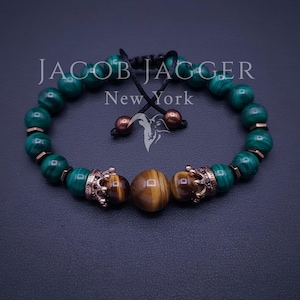 GENUINE Malachite & Tiger Eye Stainless Steel Crown Bracelet. Adjustable Size w/ NATURAL 8mm Stones and No Fade Stainless Steel Crown Charms