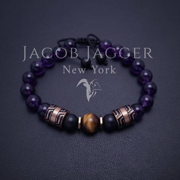 NATURAL Deep Purple Amethyst Bracelet for Men. A Tribal Style Beaded Bracelet w/ 8mm Gemstones & Silver or Rose Gold Stainless Steel Charms.