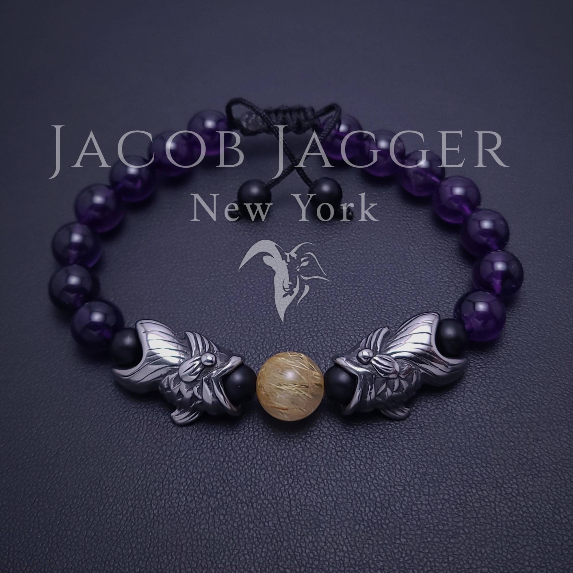 GENUINE Deep Purple Amethyst & Gold Rutilated Quartz Pisces Bracelet. Adjustable w/ 8mm Beads and Silver Stainless Steel Fish Charms.