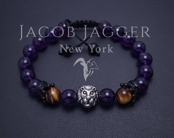 NATURAL Deep Purple Amethyst & Tigers Eye Leo Lion Bracelet for Men / Women. Adjustable w/ 8mm Stone Beads and Black Stainless Steel Crowns