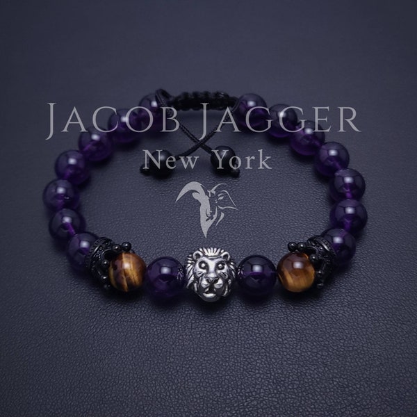 NATURAL Deep Purple Amethyst & Tigers Eye Leo Lion Bracelet for Men / Women. Adjustable w/ 8mm Stone Beads and Black Stainless Steel Crowns