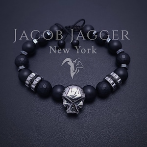 Matte Black Onyx & Hematite Skull Bracelet for Men. Adjustable Length w/ 10mm Big Bead Stones and Silver Stainless Streel Skull Charms.